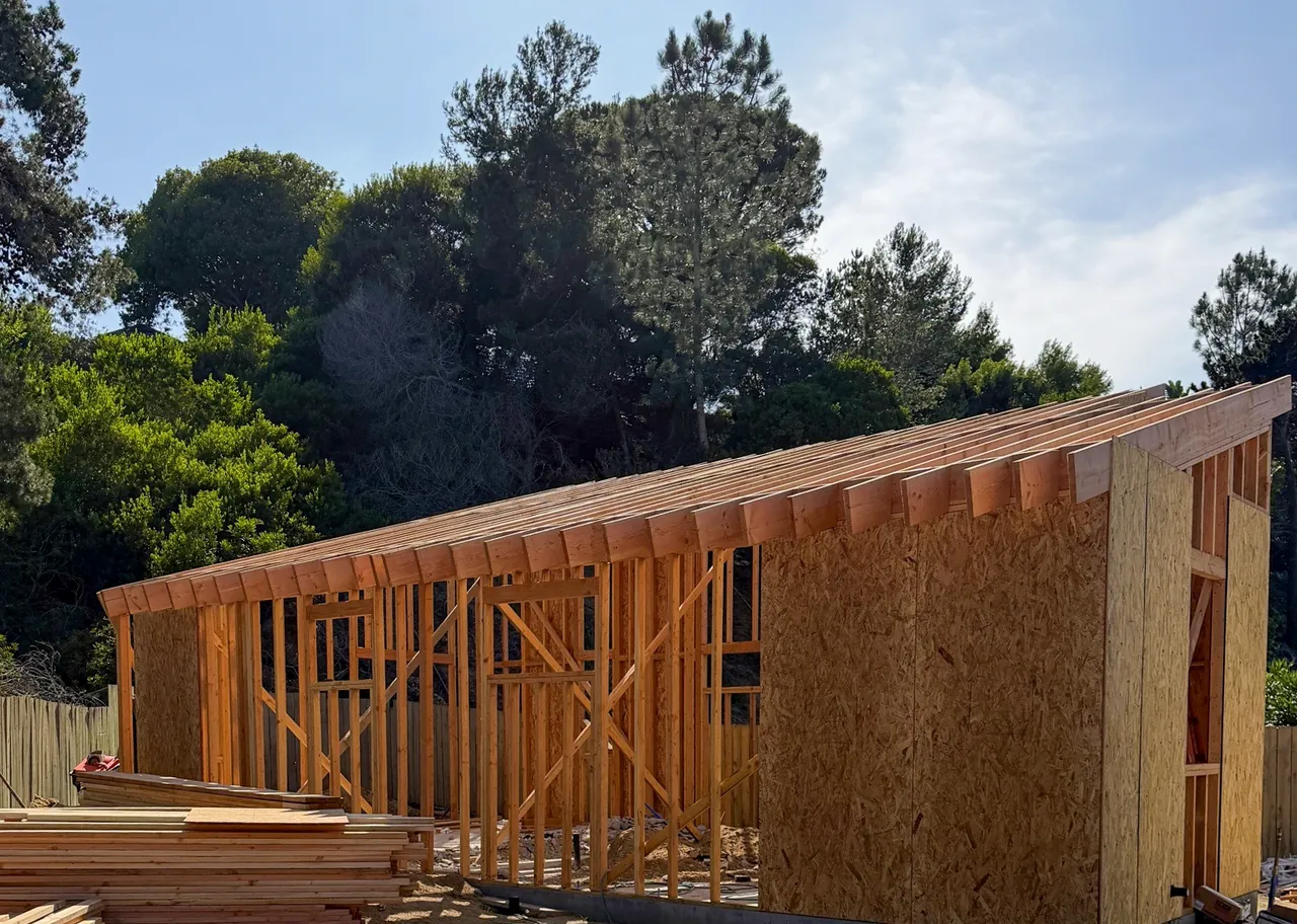 ADU wall and roof framing, with one end wall sheathed