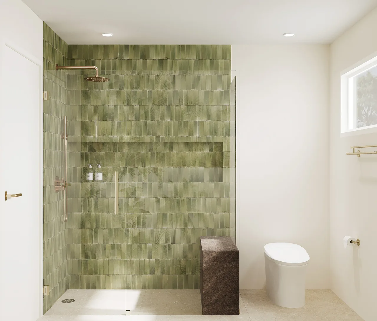 3D design of the shower, with green vertical tile, a long niche, a brass rain head and a stone bench