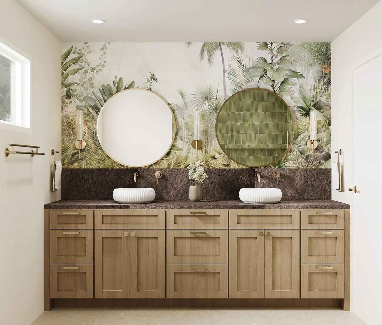 3D design of a guest bathroom vanity wall with botanical wallpaper, two round brass mirrors, two vessel sinks and a light oak shaker vanity