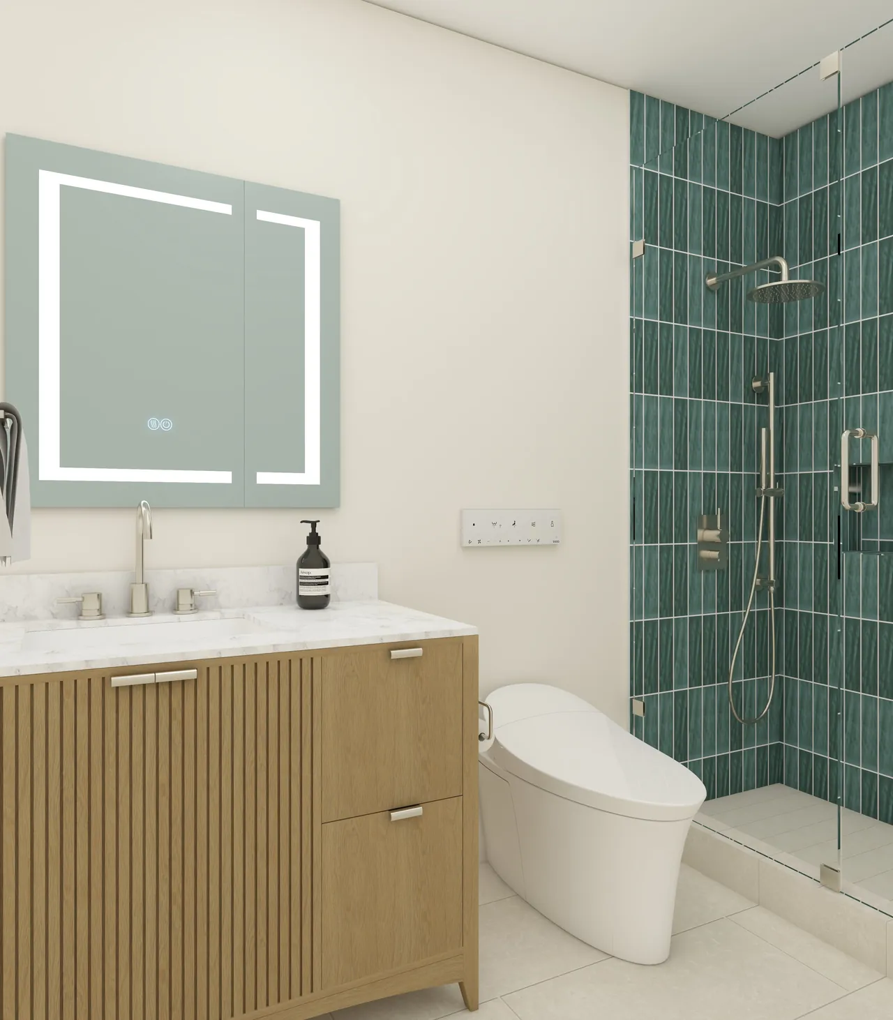 3D design of a bathroom with a fluted oak vanity and a green vertical-tile shower