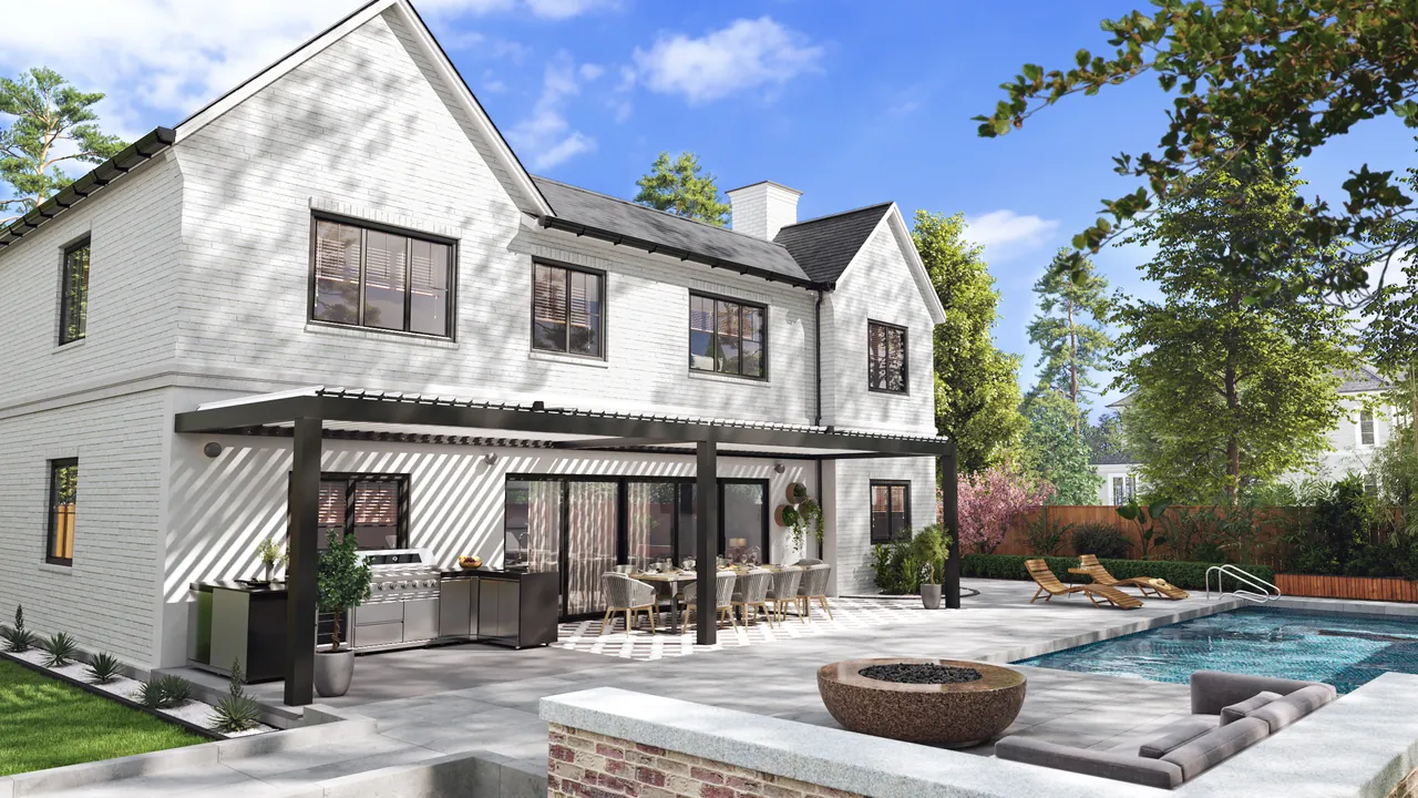Black Equinox louvered roof with open louvers over a poolside patio and outdoor kitchen