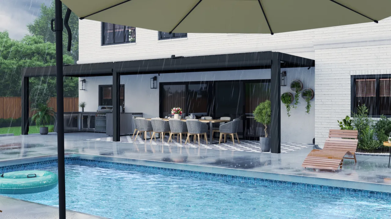 Black Equinox louvered roof with the louvers open over a dining patio beside a pool
