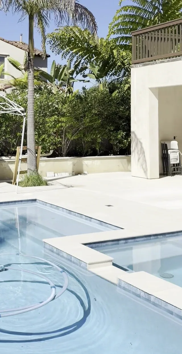 The finished pool and spa, looking toward the back of the yard