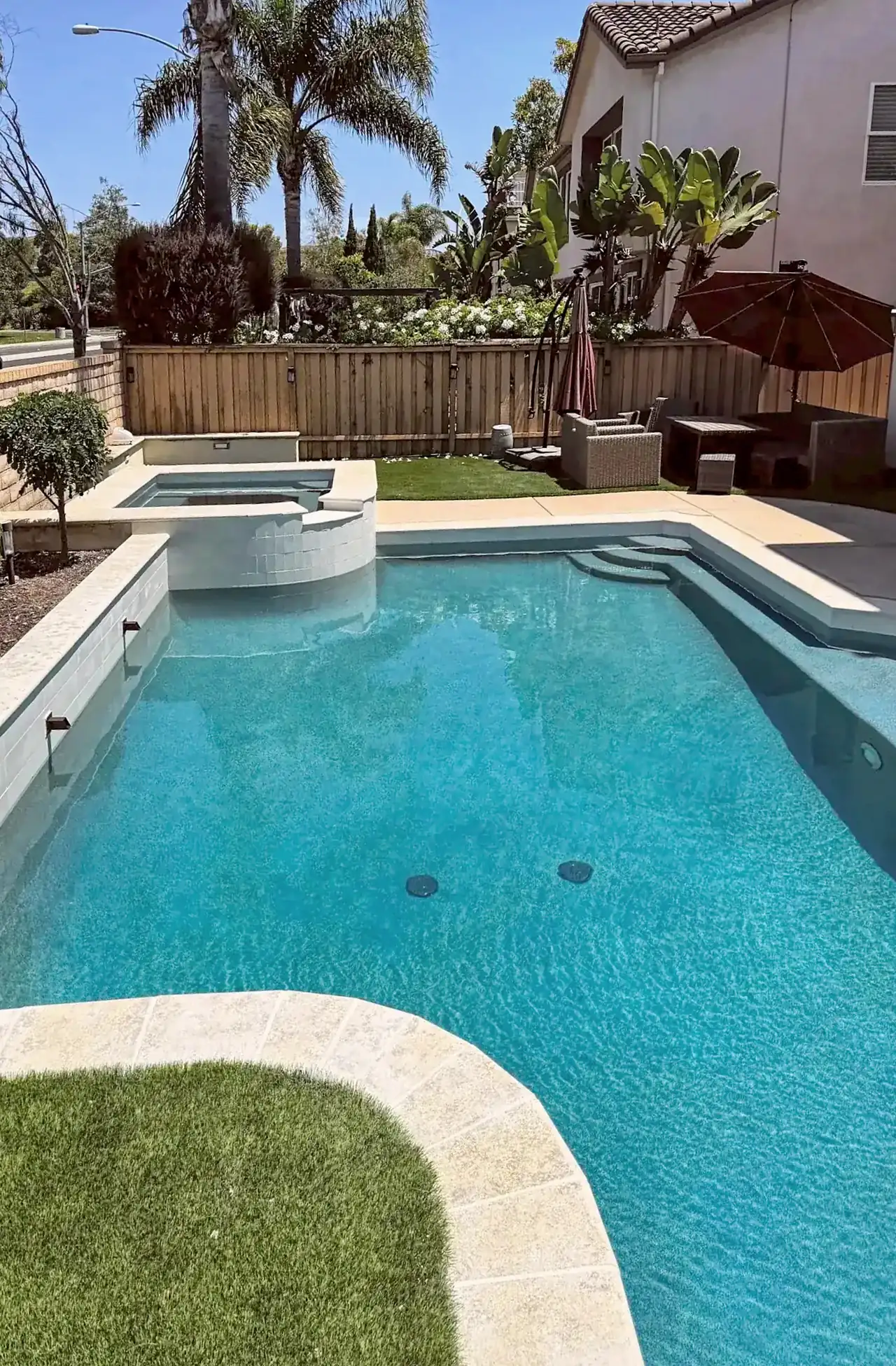 Pool and spa remodel with a raised spa in Carmel Valley