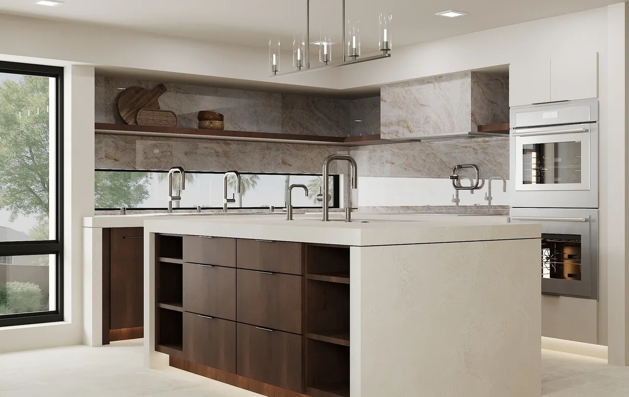 3D design of a kitchen with a concrete-look quartz waterfall island over dark wood drawers and open end shelves, a veined quartzite backsplash and hood, a linear glass pendant and stacked wall ovens