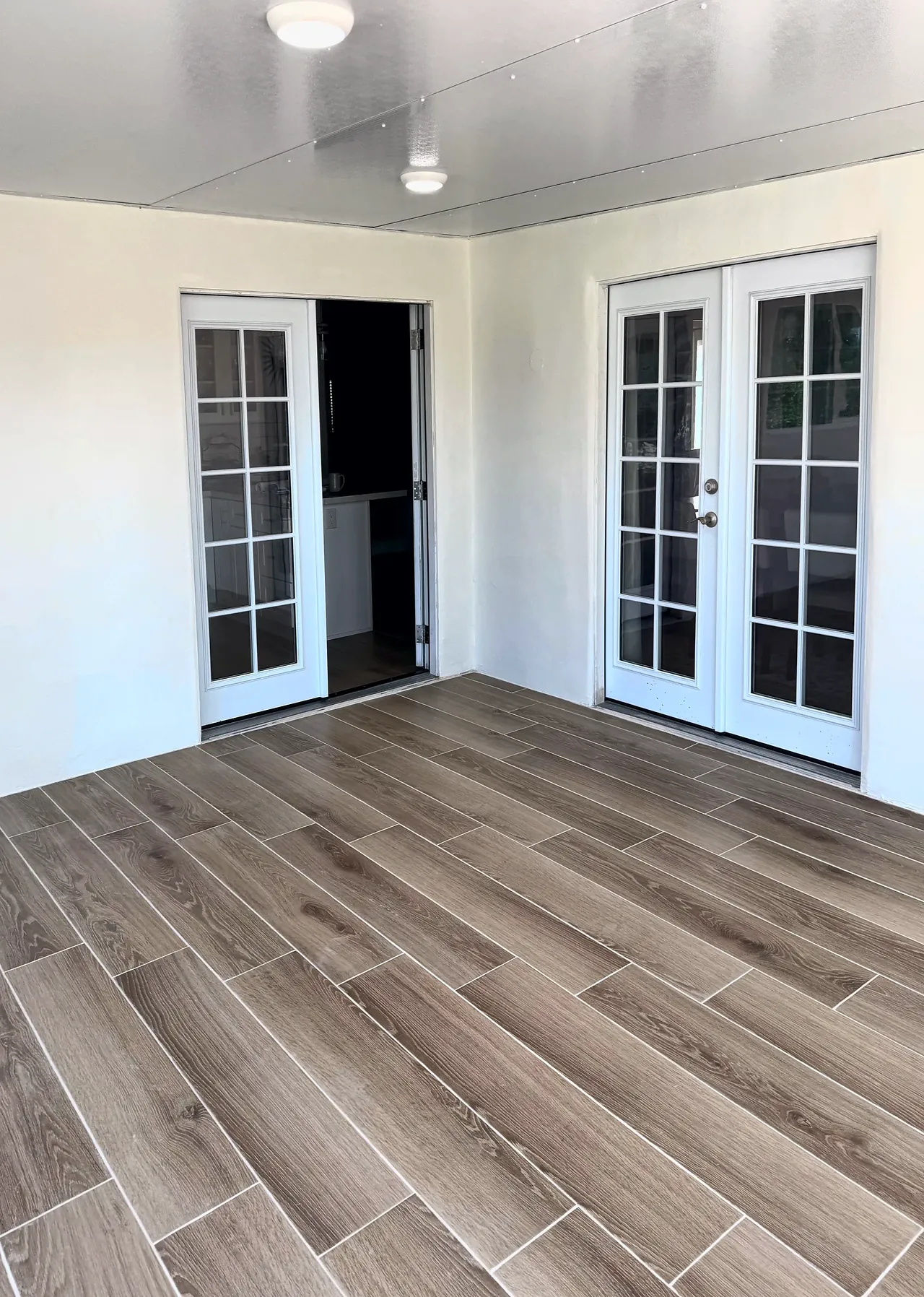 The two sets of French doors from the house into the sunroom, set in the plastered and painted walls, with ceiling lights above